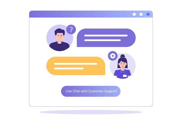 Vector customer support concept with woman at support department advises customer on live chat