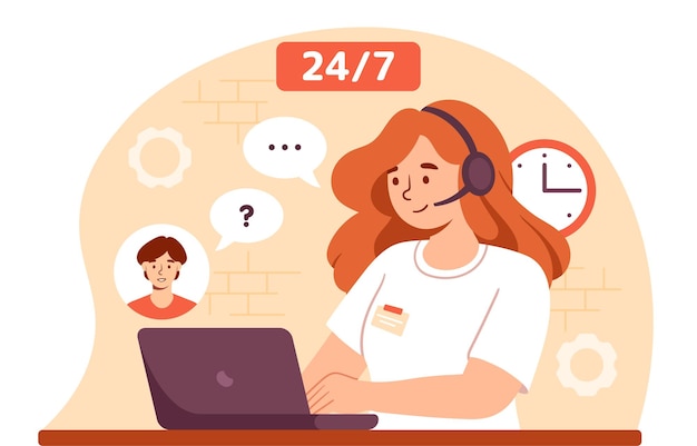 Customer support concept woman in headphones with laptop answer to questions from clients call