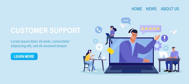 Vector customer support contact us man with headphones and microphone talking with clients on laptop screen personal assistant service hotline operator advises customer online global technical support