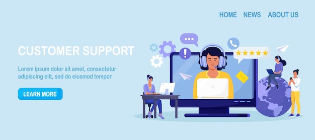 customer support contact us woman with headphones and microphone talking with clients on computer screen personal assistant service hotline operator advises customer online technical support