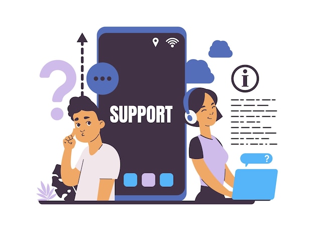 Customer support Frequently asked questions Online service for help users hotline call and chat Cartoon young people and smartphone screen Vector electronics seller and buyer feedback concept