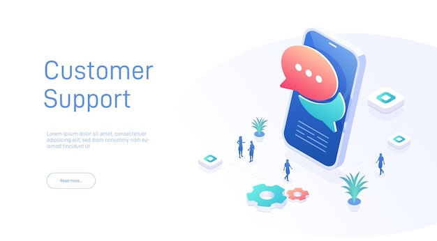 Vector customer support landing page template chat icon on phone screen 3d isometric illustration