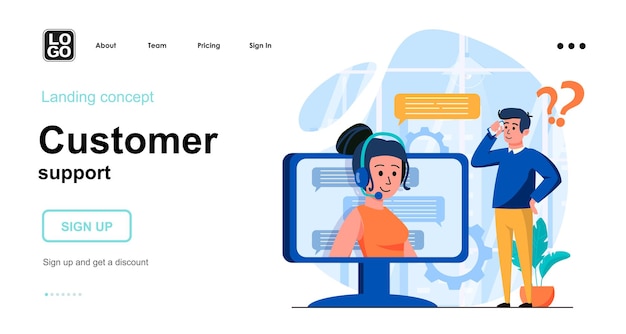 Vector customer support landing page template with people character