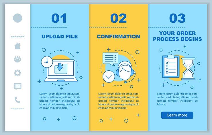 Vector 고객 지원 온보딩 모바일 웹 페이지 벡터 템플릿 업로드 파일 확인 주문 처리 디지털 서비스 반응형 스마트폰 웹사이트 인터페이스 웹페이지 연습 단계 화면
