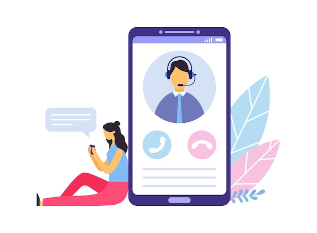 Customer support. person advisor and helpful advice services. woman sitting next to big smartphone and chatting with personal client assistant. screen with operator in headset vector illustration