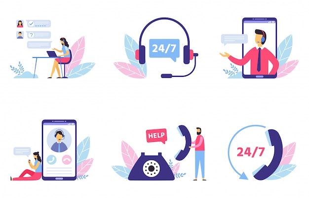 Customer support. Personal assistant service, person advisor and helpful advice services flat  illustration set