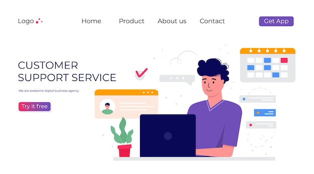 Customer support service landing page. Concept with woman with headphones and microphone with laptop. Business topic and digital communication for assistance, call center. Trendy vector