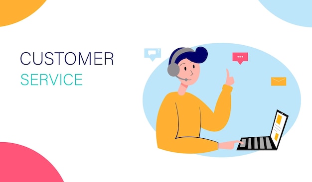 Vector customer support service. young man talking with client using webcam. vector illustration.