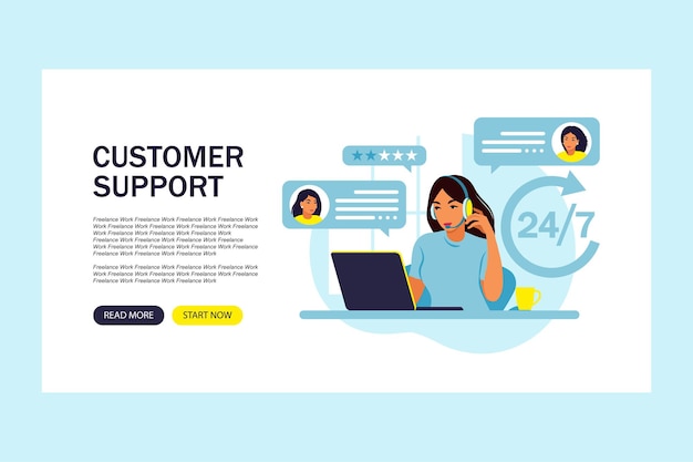 Customer support. woman hotline operator advises clients. online technical support. landing page