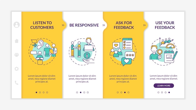 Customer support yellow onboarding template good assistance for client responsive mobile website with linear concept icons web page walkthrough 4 step screens latobold regular fonts used