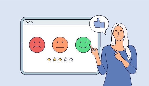 customer survey business concept. young happy smiling businesswoman cartoon character giving rating on tablet. flat