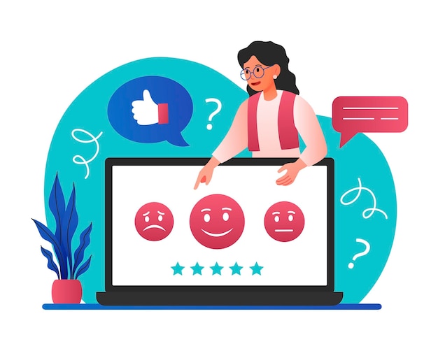 customer survey concept young girl shares her emotions from product or service modern marketing