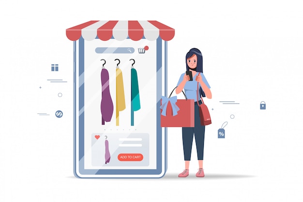 スマートフォンでオンラインショッピングをしている顧客の女性は、店の店の前を表しています。