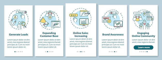 Customers attraction onboarding mobile app page screen with concepts. Generating leads and increasing sales walkthrough 5 steps graphic instructions. UI vector template with RGB color illustrations