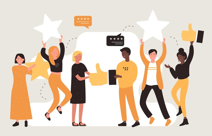 Vector customers choice and feedback service tiny people holding rating stars and thumbs up