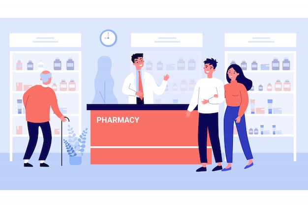 Customers consulting pharmacist in drugstore