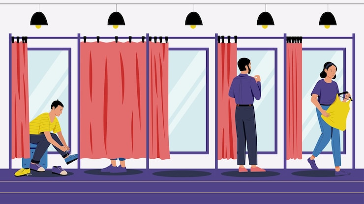 Vector customers in dressing room cartoon buyers try on clothes and shoes in clothing store vector illustration