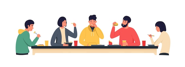 食べ物を食べる顧客漫画の人々 はカフェやレストランで朝食ランチとブランチを持っている男性と女性テーブルで咀嚼し、食べ物を味わうベクトル セット