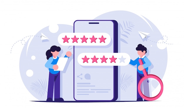 Customers feedback and comments. five stars user score for mobile app. woman voices the result of the study. man with a magnifying glass.