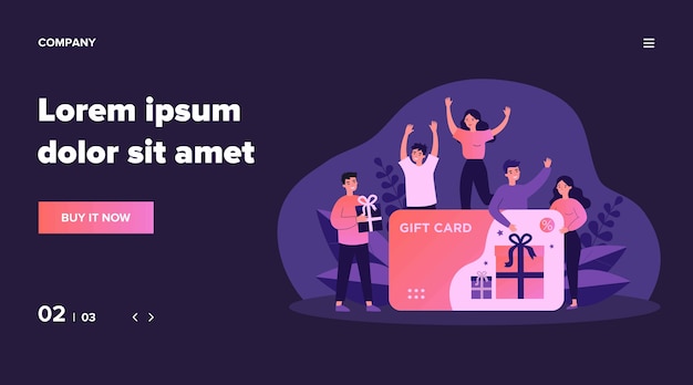 Customers getting gift card. cheerful people happy about discount card, coupon or voucher.  illustration for sale, loyalty program, bonus, promotion concept