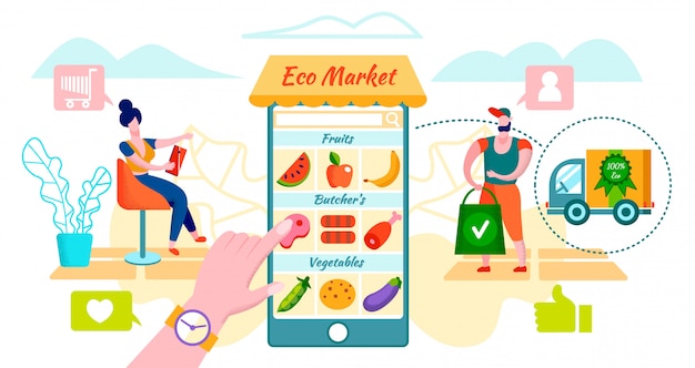 벡터 모바일 앱을 사용하여 eco food를 주문하는 고객.