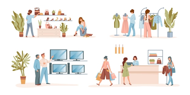 Customers shopping. Cartoon people characters searching for fashion clothes, shoes and buying stuff at garments shop. Seller consults man in electronics store. Vector scenes with buyers at boutique