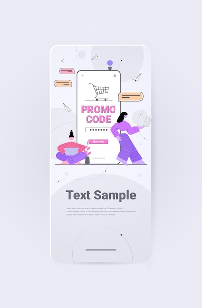 Customers using discount promo code on smartphone screen online shopping