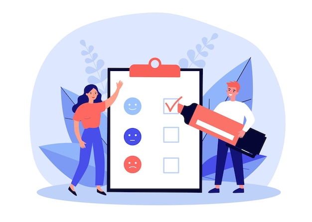 customers working with survey list, feedback report on clipboard. tiny man holding marker flat vector illustration. questionnaire, priority concept for banner, website design or landing web page