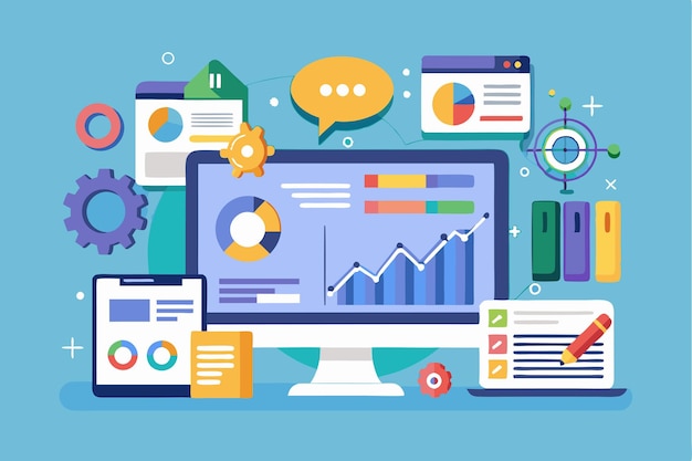 a customizable analytics dashboard showcases various metrics graphs and interactive elements in a digital setting setup analytics customizable semi flat illustration