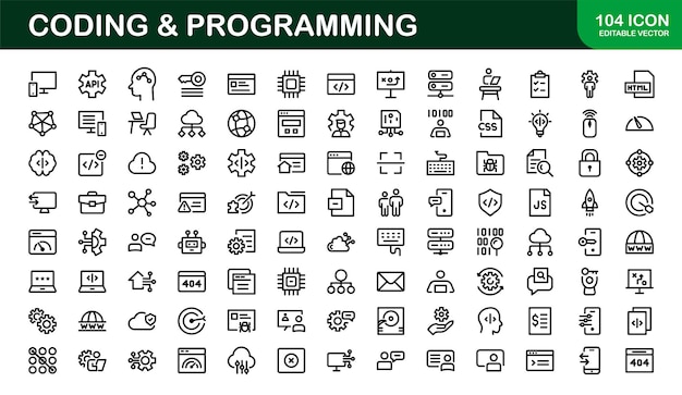 Customizable Coding and Programming Icons Vector Graphics for Development Design Systems
