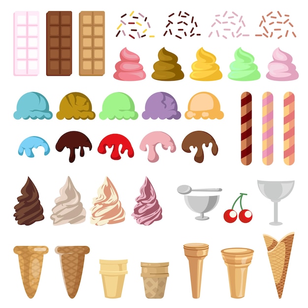 アイスクリームとトッピングのカスタマイズ可能なイラストセット