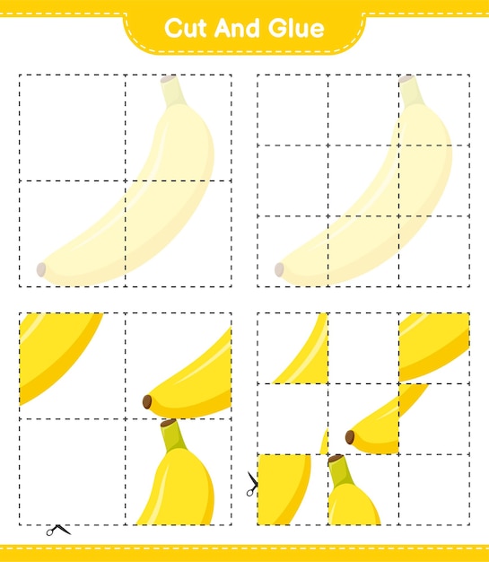 カットして接着し、バナナの一部をカットして接着します。教育的な子供向けゲーム、印刷可能なワークシート
