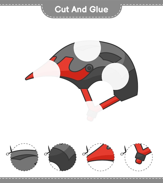 自転車のヘルメットのカットと接着剤のカットと接着剤教育の子供たちのゲームの印刷可能なワークシートのベクトル図