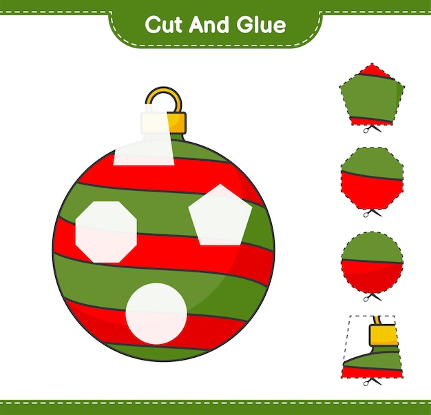 크리스마스 공의 잘라낸 부분을 자르고 붙이고 붙입니다. 교육용 어린이 게임 인쇄용 워크 시트