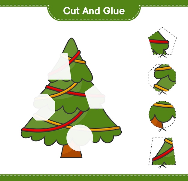 크리스마스 트리의 잘라낸 부분을 자르고 붙이고 붙입니다. 교육용 어린이 게임 인쇄용 워크시트