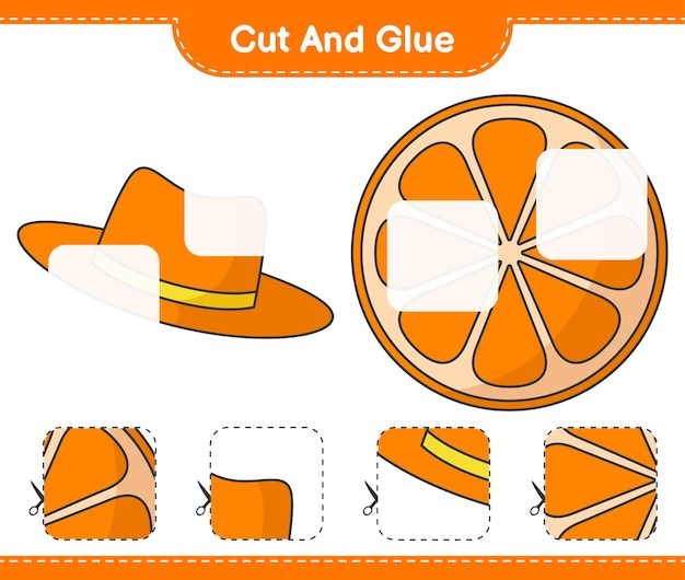 오렌지 여름 모자의 잘라낸 부분을 자르고 붙이고 붙입니다 교육용 어린이 게임