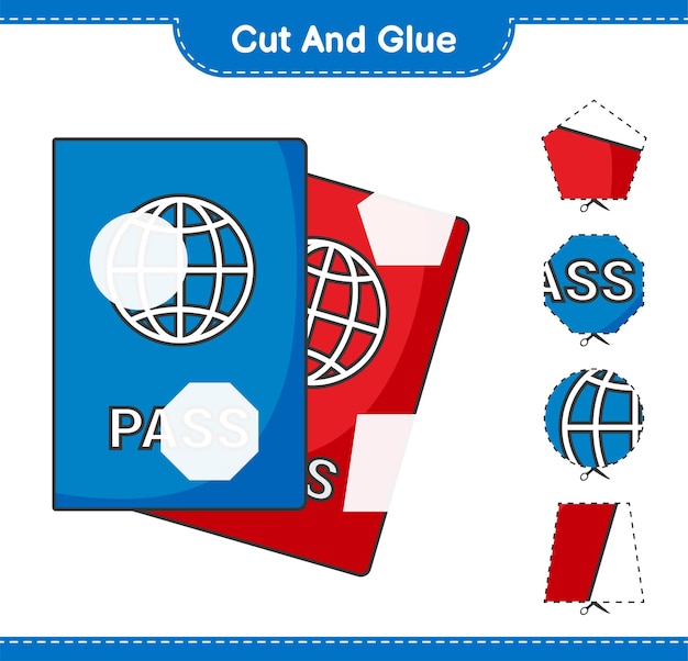 자르고 붙이고 Passport의 일부를 자르고 붙입니다. 교육 어린이 게임, 인쇄용 워크시트, 벡터 일러스트 레이 션