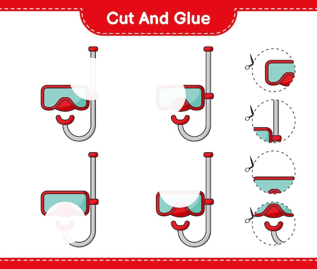 カットして接着し、スキューバダイビングマスクの一部をカットして接着します。教育的な子供たちのゲーム、印刷可能なワークシート、ベクトル図