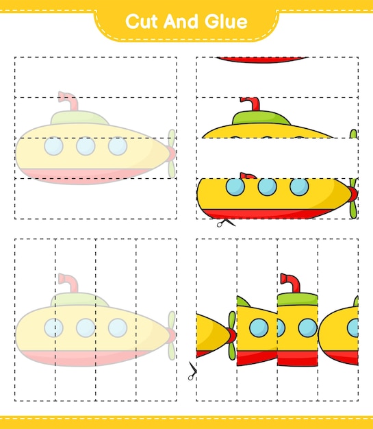 潜水艦のカット部分をカットして接着し、それらを接着します教育の子供たちのゲームの印刷可能なワークシート