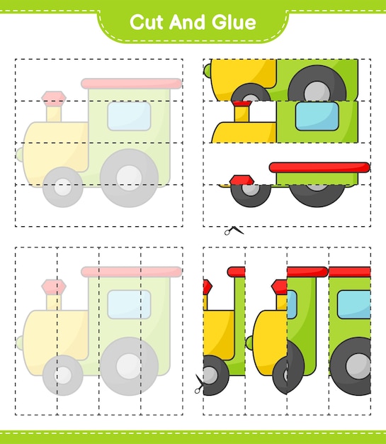 기차의 잘라낸 부분을 잘라 붙이고 붙입니다. 교육용 어린이 게임 인쇄용 워크시트