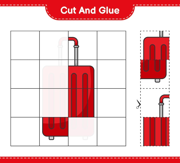 여행 가방의 일부를 자르고 붙이고 자르고 붙입니다. 교육 어린이 게임, 인쇄용 워크시트, 벡터 일러스트 레이 션