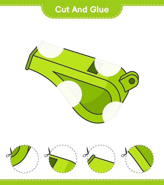 휘파람의 절단 부분을 자르고 붙이고 붙입니다. 교육용 어린이 게임 인쇄용 워크 시트 벡터 일러스트 레이션