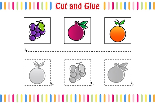 어린이, 교육, 개발, 워크시트, 색상 활동 페이지를 위한 잘라내기 및 붙이기 게임. 과일 만화