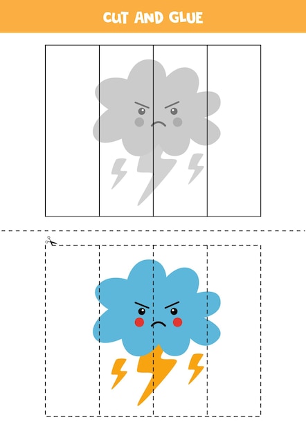 화난 구름을 가진 아이들을위한 게임을 자르고 붙입니다. 미취학 아동을위한 절단 연습.