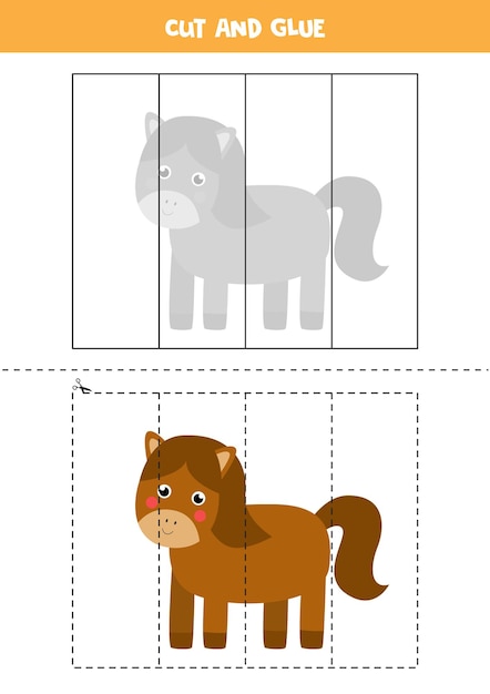 귀여운 말과 함께 아이들을위한 게임을 자르고 붙입니다. 미취학 아동을위한 절단 연습.