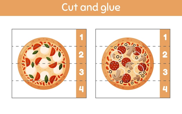 자르고 붙입니다. 숫자 학습. 유치원, 유치원 및 취학 연령을위한 워크 시트. 피자.