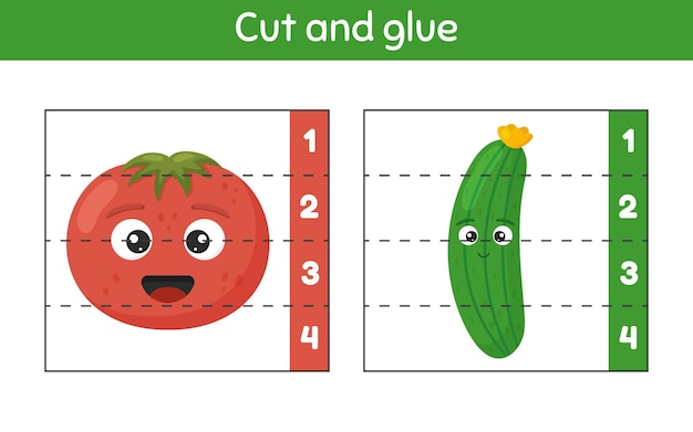 자르고 붙입니다. 숫자 학습. 유치원, 유치원 및 취학 연령을위한 워크 시트. 토마토와 오이.