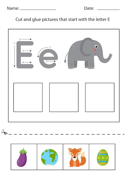 文字e.アルファベットワークシートで始まる写真を切り取って接着します。