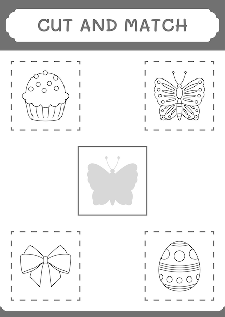 子供のための蝶のゲームの一部をカットして一致させるベクトルイラスト印刷可能なワークシート