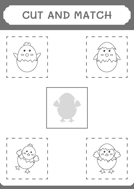 어린이를 위한 병아리 게임의 일부를 잘라내어 일치시킵니다. 벡터 일러스트레이션 인쇄용 워크시트